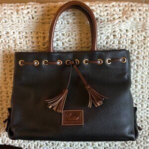 Dooney & Burke Pebble Leather Tassel Tote - Black with Brown Handles and Tassels